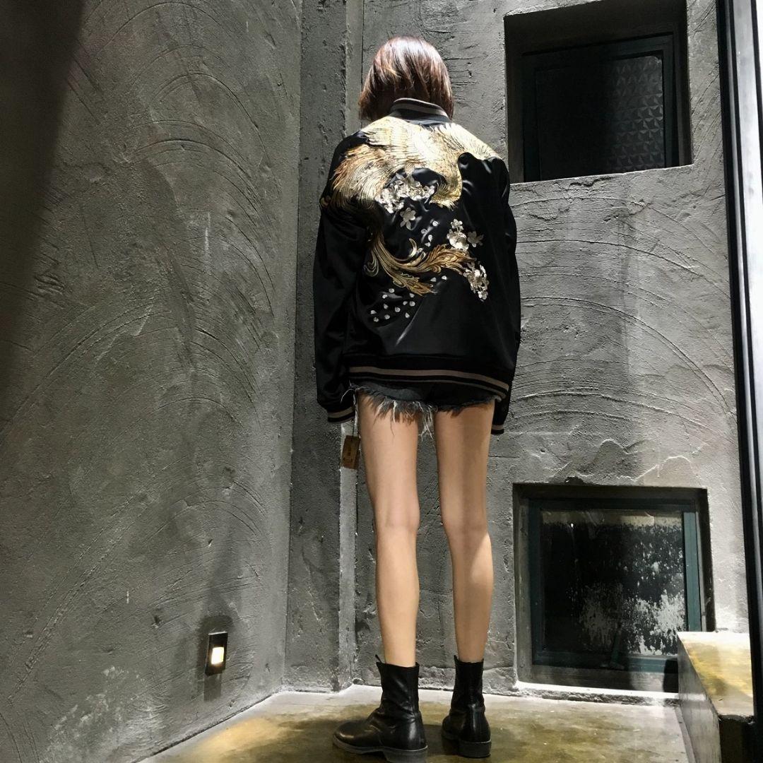 【超美品！】【超格好いい！】刺繍スカジャン黒サテン生地不死鳥 鳳凰 フェニックス