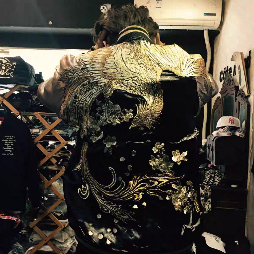 【超美品！】【超格好いい！】刺繍スカジャン黒サテン生地不死鳥 鳳凰 フェニックス