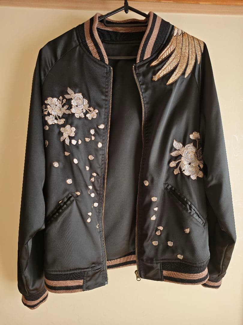 【超美品！】【超格好いい！】刺繍スカジャン黒サテン生地不死鳥 鳳凰 フェニックス