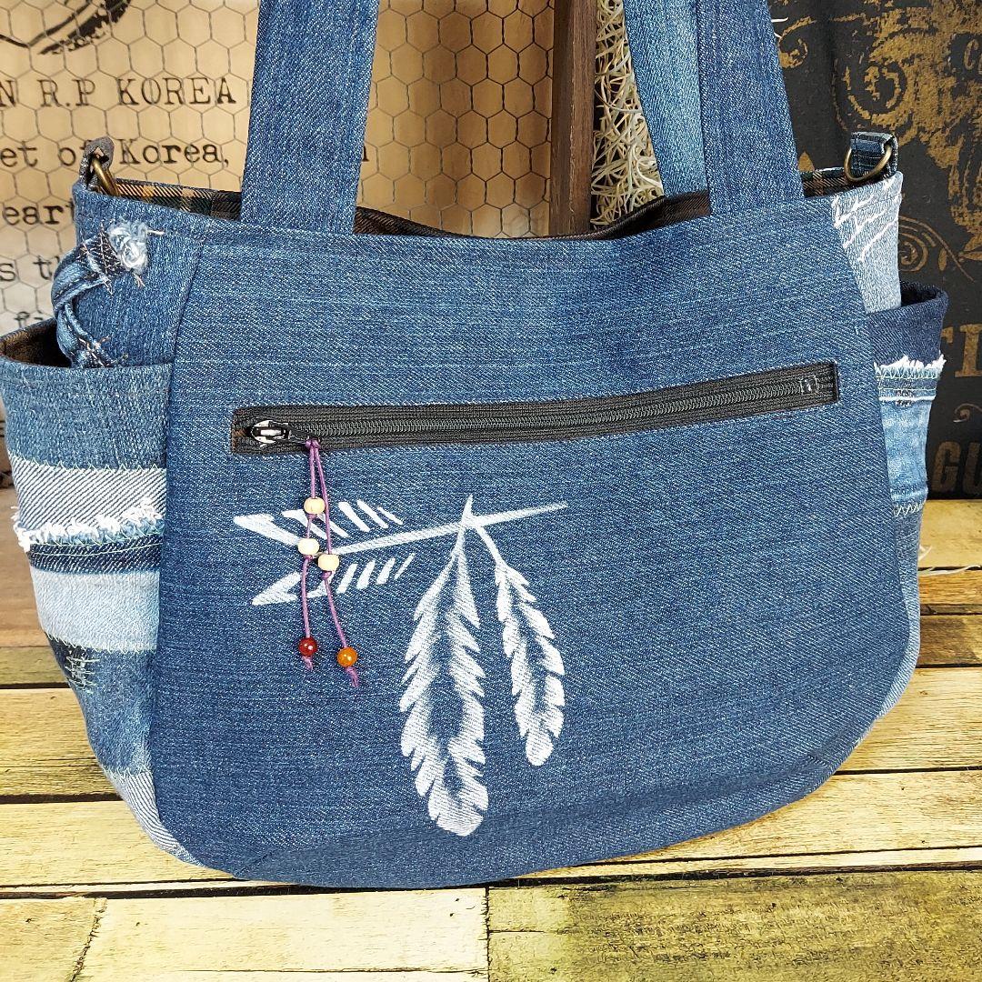 刺繍デニムバック　No.648　デニムリメイク　チューリップバック　丸いバック