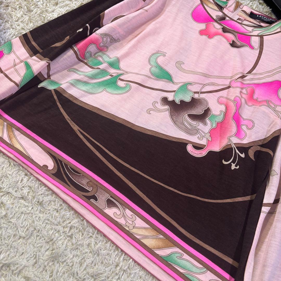 レオナール　大きいサイズ　トリム　花柄　ウール　シルク　ブラウス　長袖