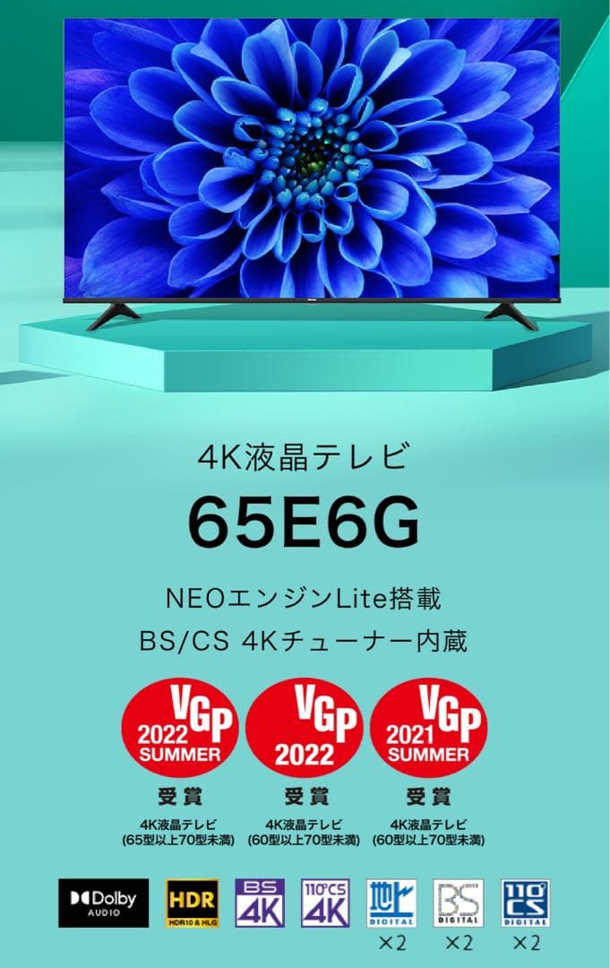 【未使用に近い】ハイセンス 65型4K液晶テレビ65E6G 2024年製