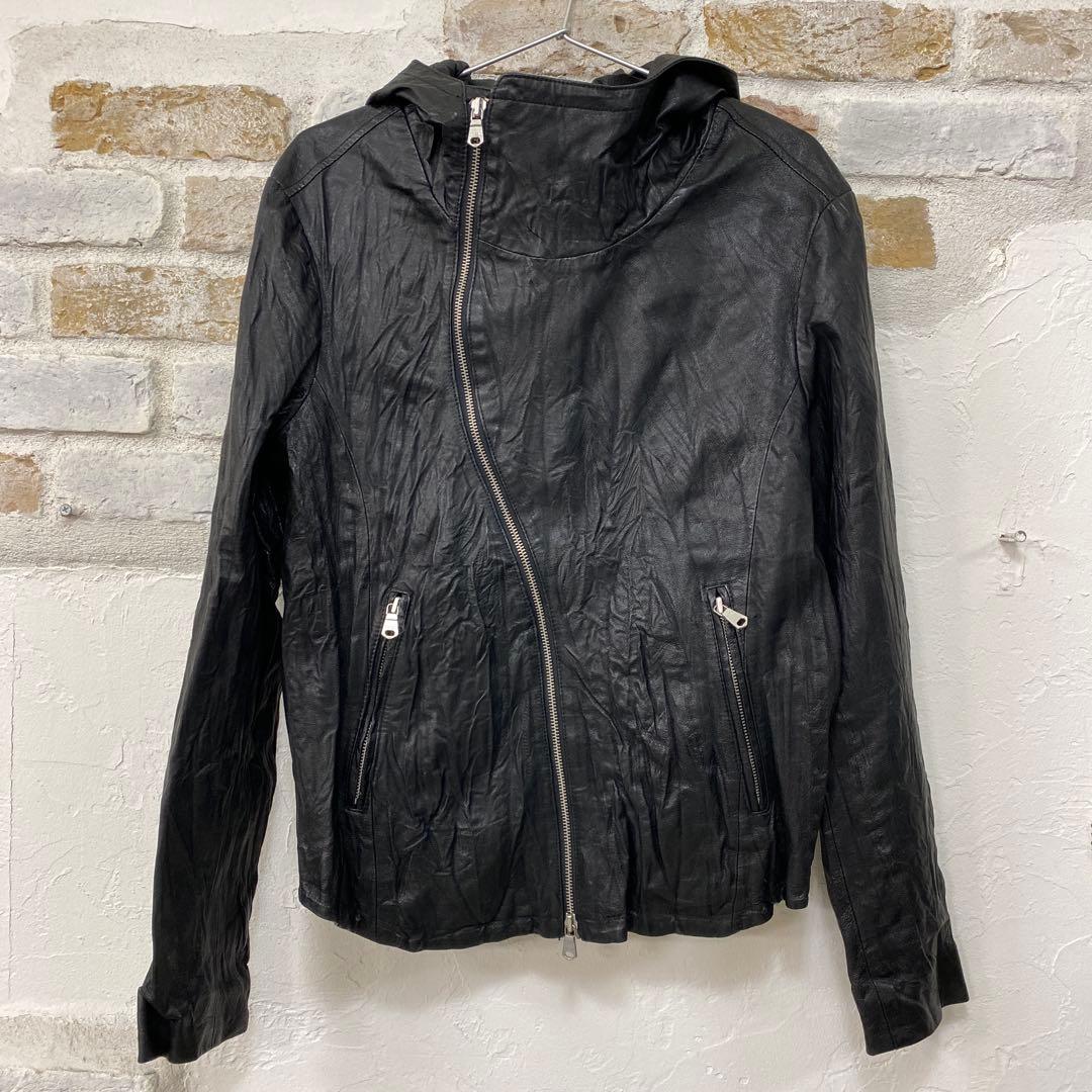 美品豚革　黒 シワ加工フード付き レザーシングルライダース　L