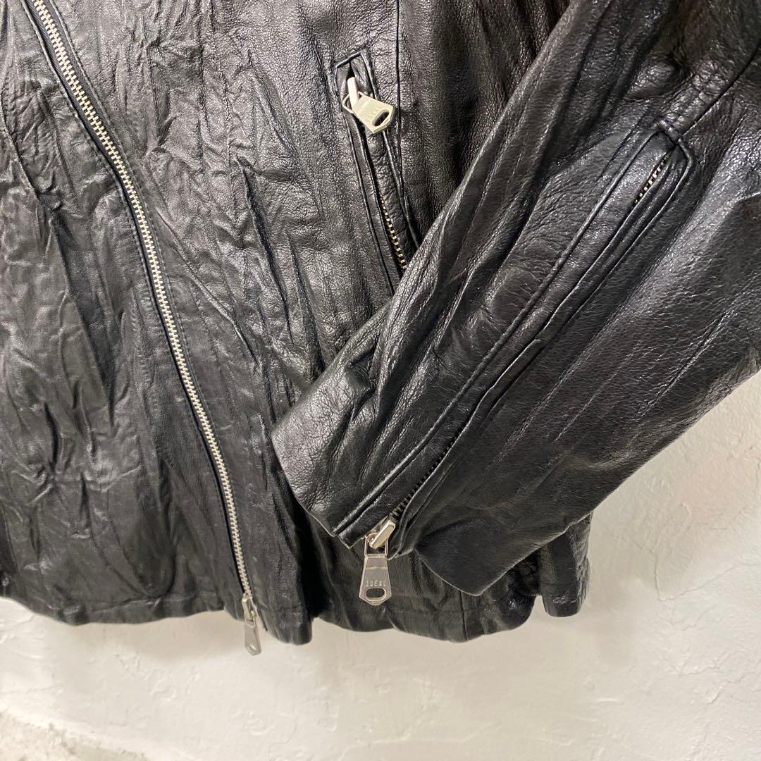 美品豚革　黒 シワ加工フード付き レザーシングルライダース　L