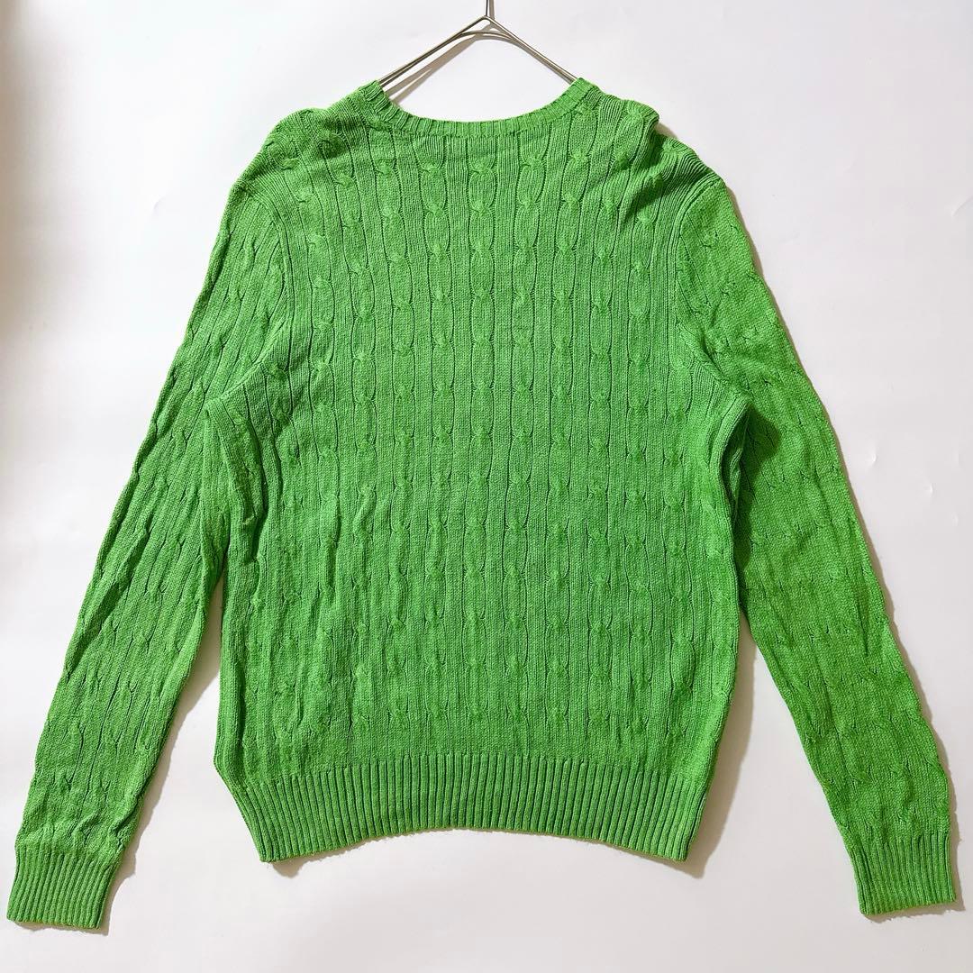シルク100✨ポロバイラルフローレン Vネックケーブルニット ポニー L 緑