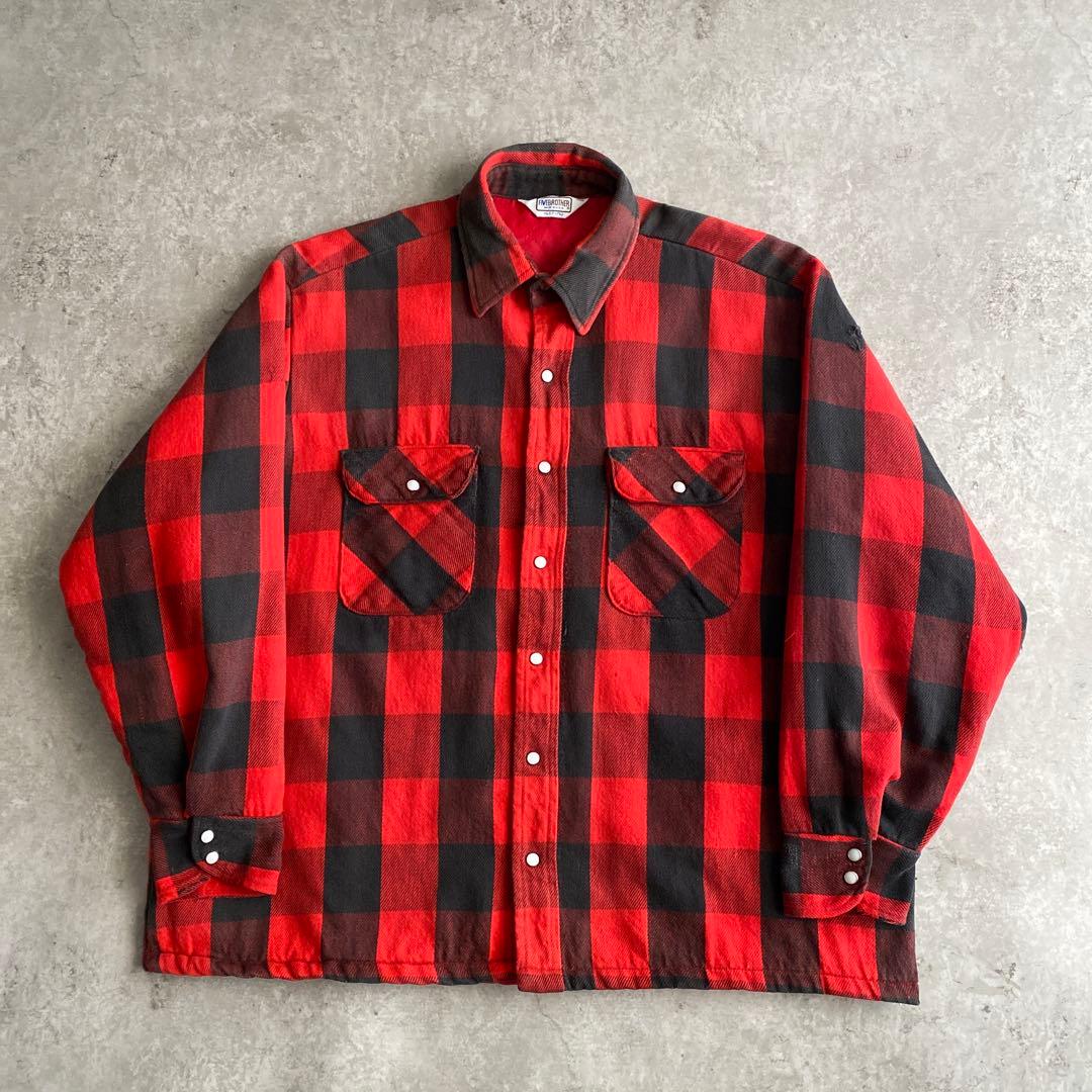 70s FIVEBROTHER キルティング ネルシャツ USA製 赤×黒 XL
