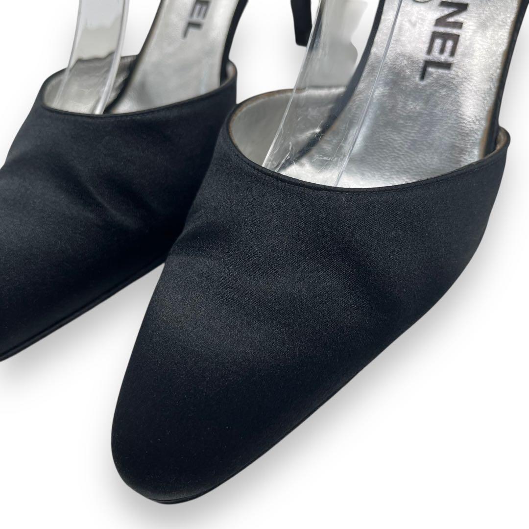 美品■シャネル　サテン地　パンプス　ブラック　ココマーク　アンクルストラップ