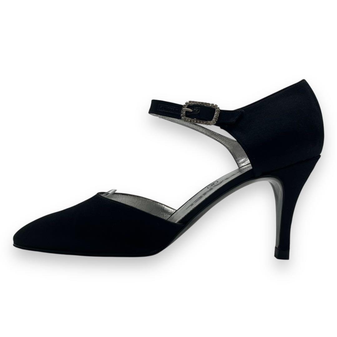 美品■シャネル　サテン地　パンプス　ブラック　ココマーク　アンクルストラップ