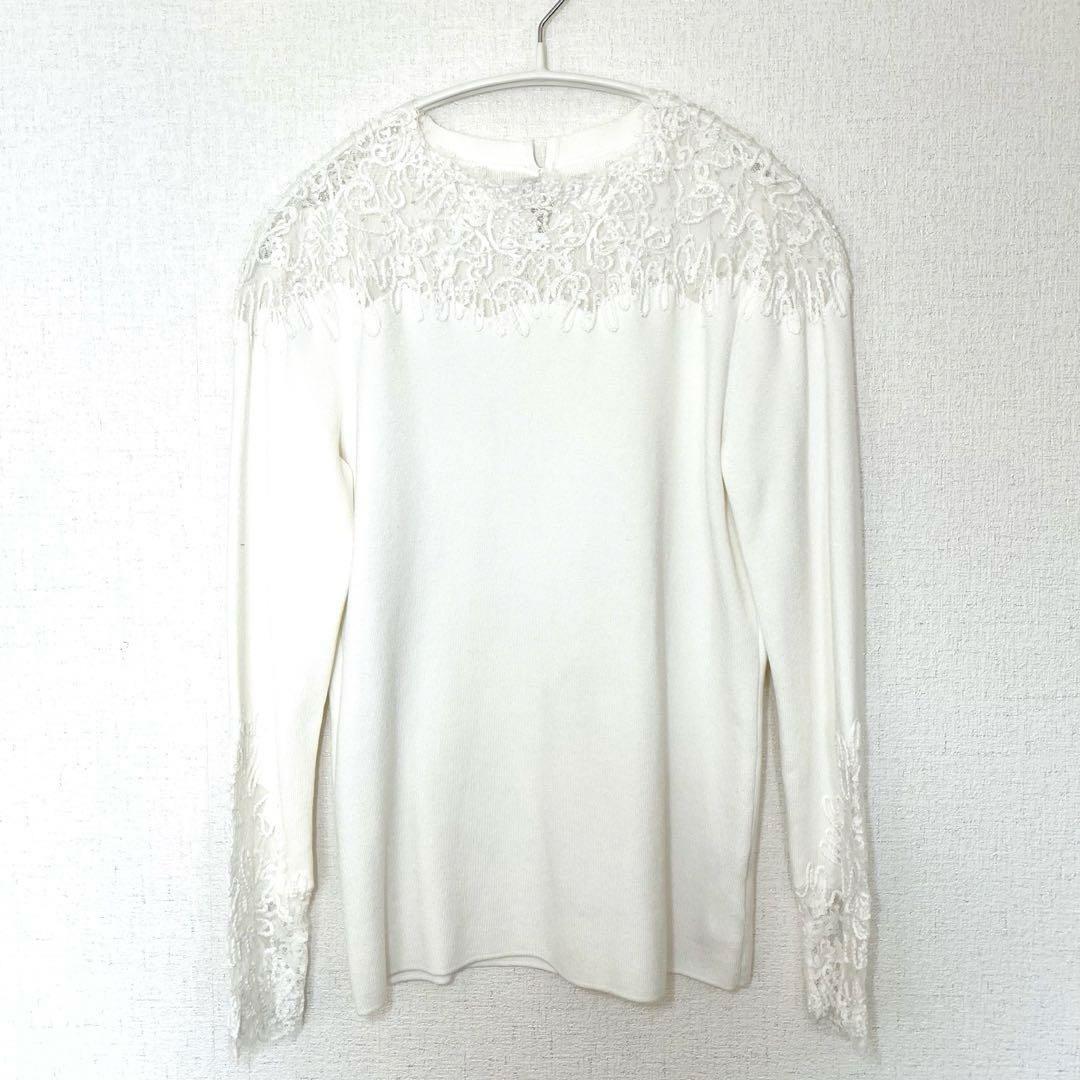 美品　ディノス　DAMA collection レース＆コード刺繍プルオーバー白