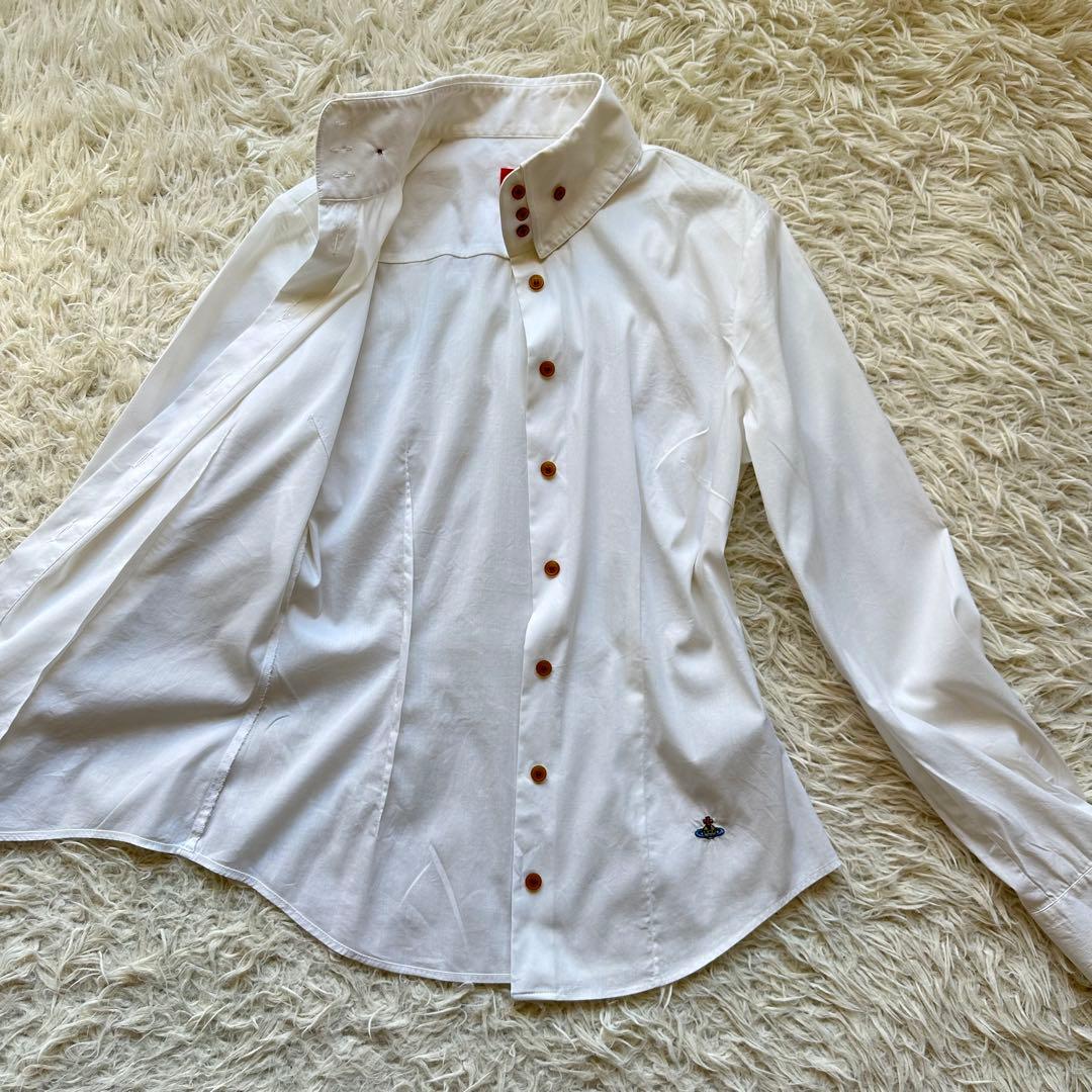 ヴィヴィアンウェストウッド　ボタンダウン　ハイネックシャツ　ストレッチ　白　刺繍
