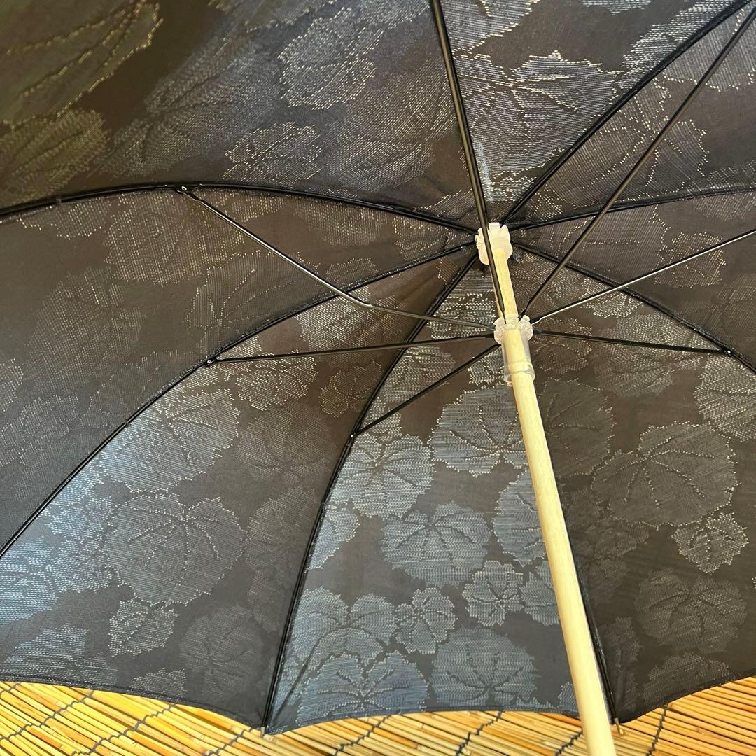 大島紬リメイク＊手作りおしゃれ日傘とお揃い巾着トート＊黒地 紺葉模様