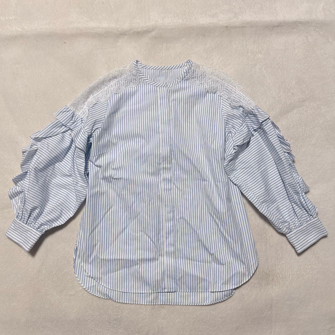 ANAYI アナイ コットン袖レースフリルブラウス ブルー 青 ホワイト 白