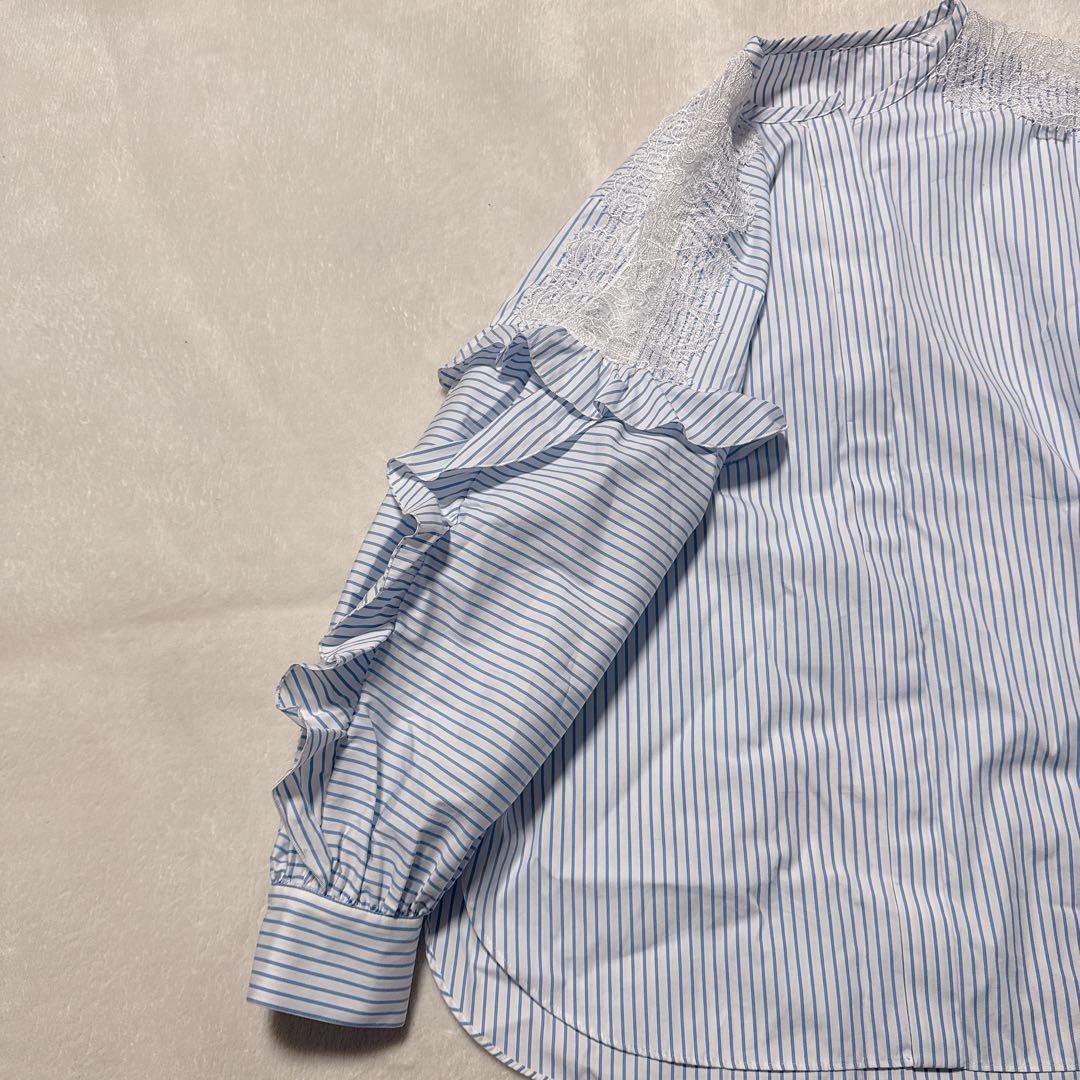 ANAYI アナイ コットン袖レースフリルブラウス ブルー 青 ホワイト 白