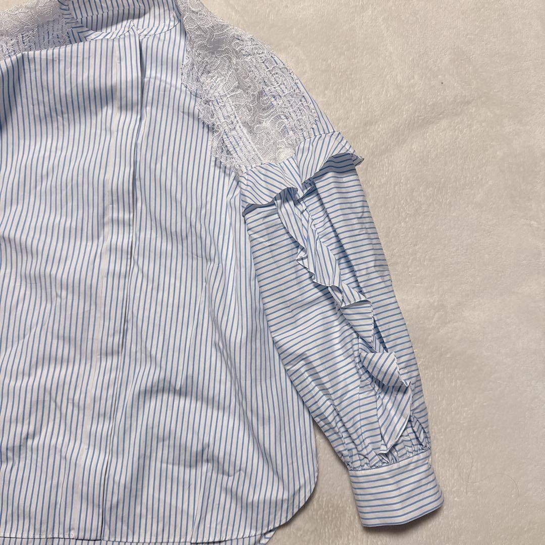 ANAYI アナイ コットン袖レースフリルブラウス ブルー 青 ホワイト 白