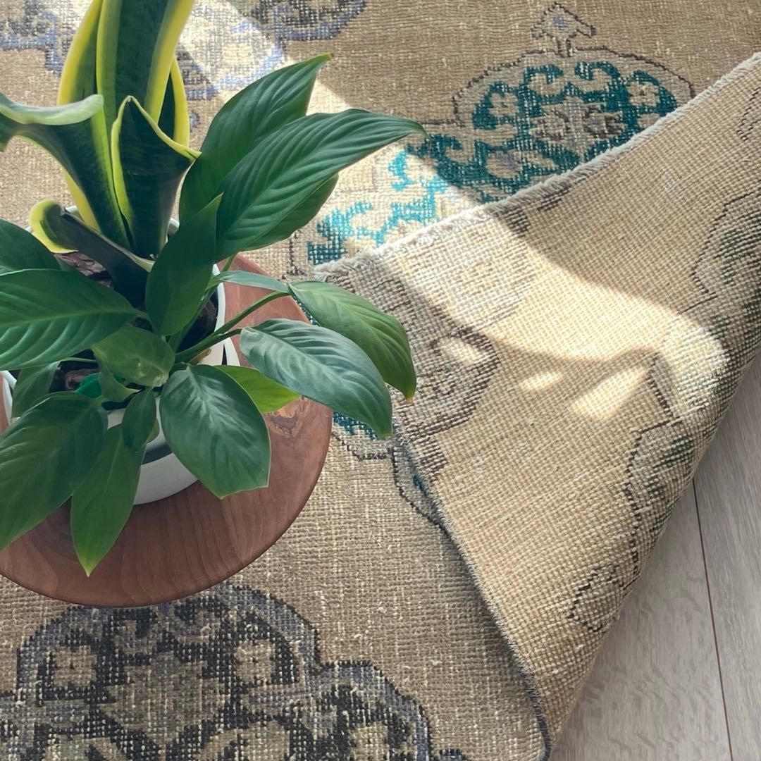 人気キャラメルベージュ68×208 ランナー　グリーン　トルコヴィンテージラグ