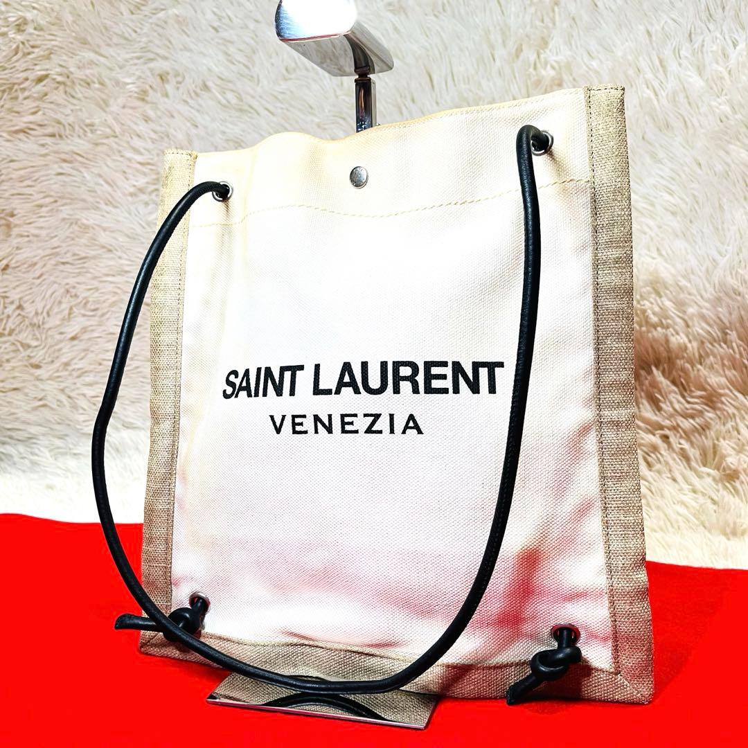SAINT LAURENT フラットバックパック レザー キャンバス