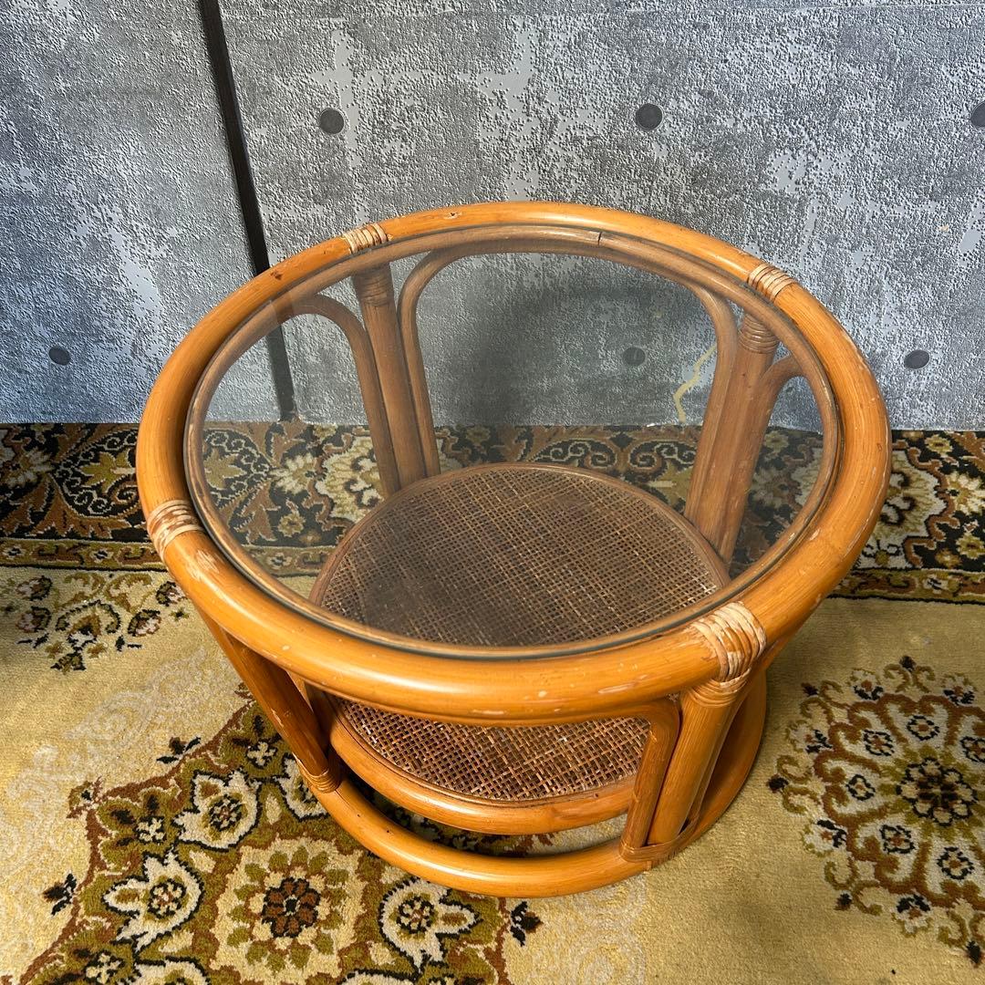 ꧁籐家具꧂回転式ラタン高座椅子&ガラステーブルセット アーム チェア クッション