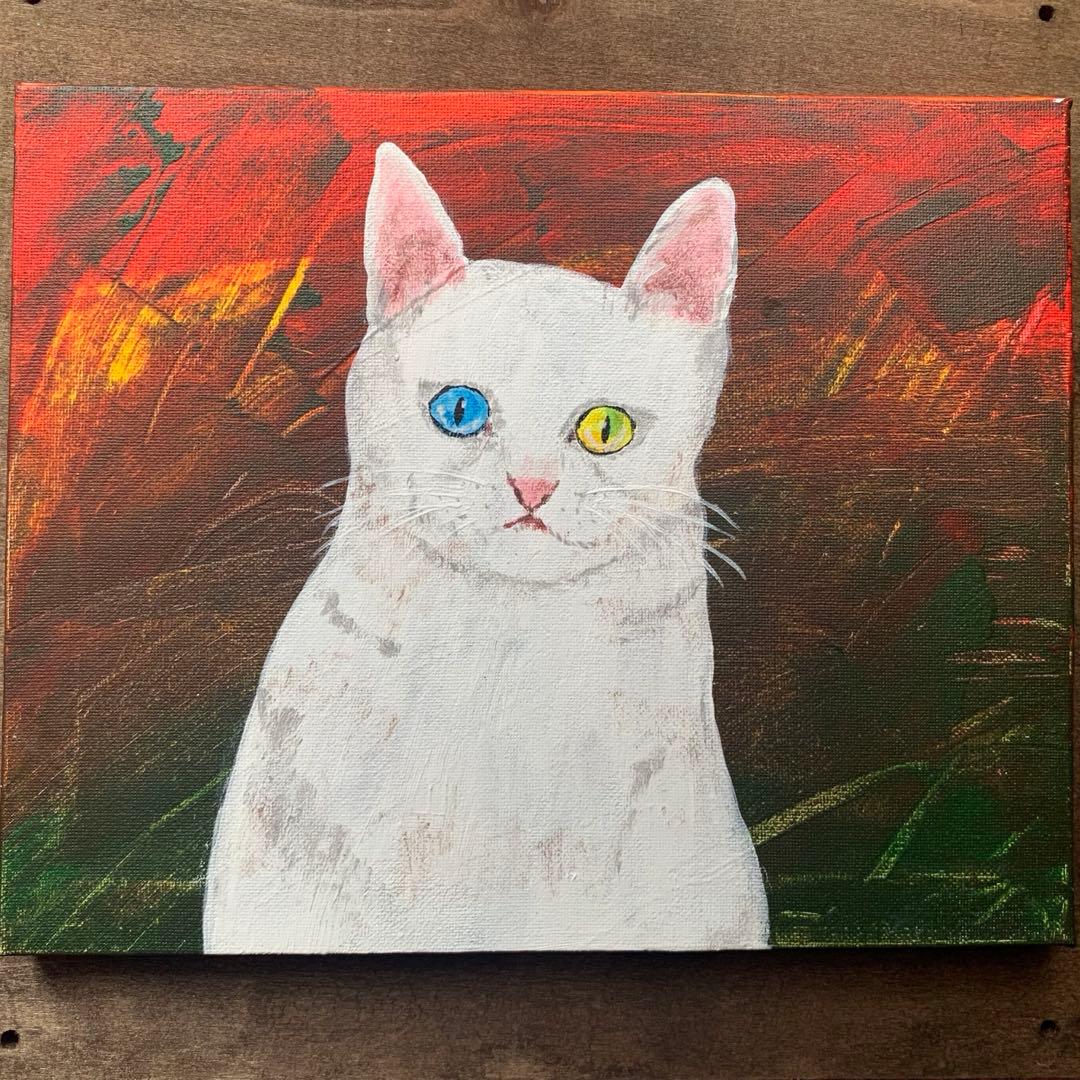 【アクリル画】幸せを運ぶ猫【絵画】白猫、オッドアイ