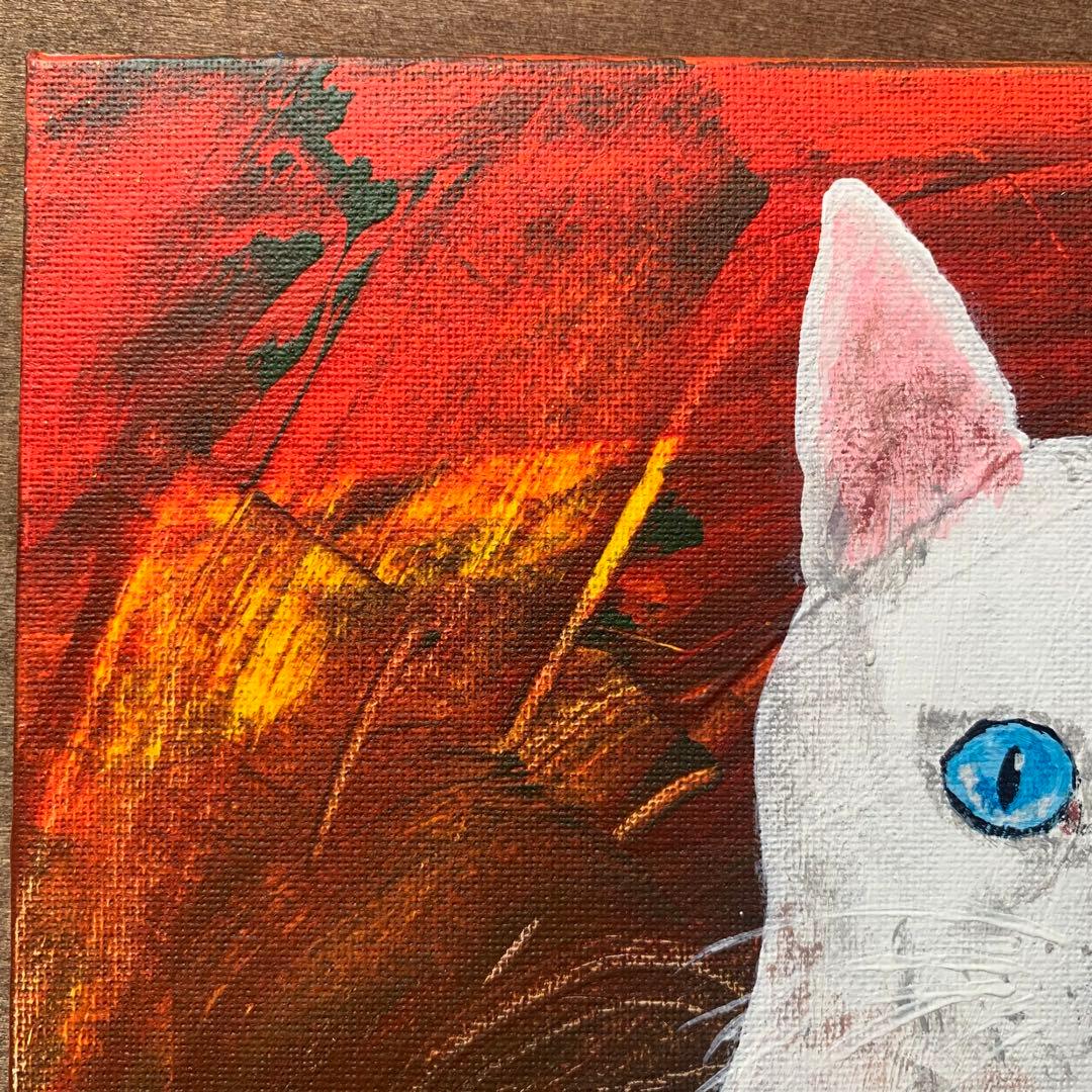 【アクリル画】幸せを運ぶ猫【絵画】白猫、オッドアイ