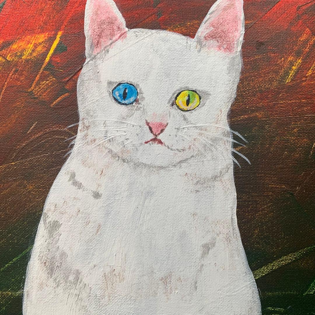 【アクリル画】幸せを運ぶ猫【絵画】白猫、オッドアイ