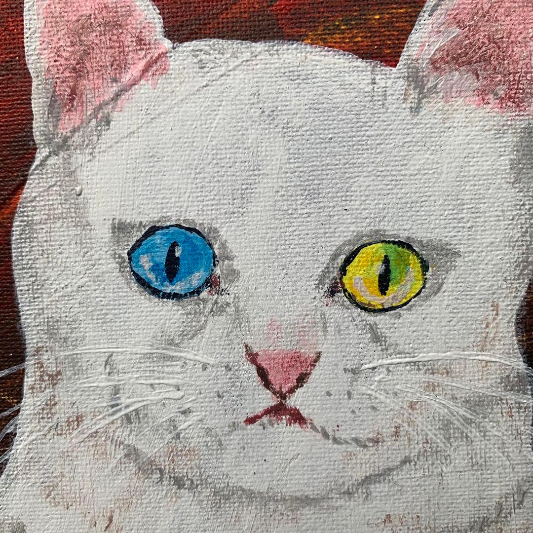 【アクリル画】幸せを運ぶ猫【絵画】白猫、オッドアイ