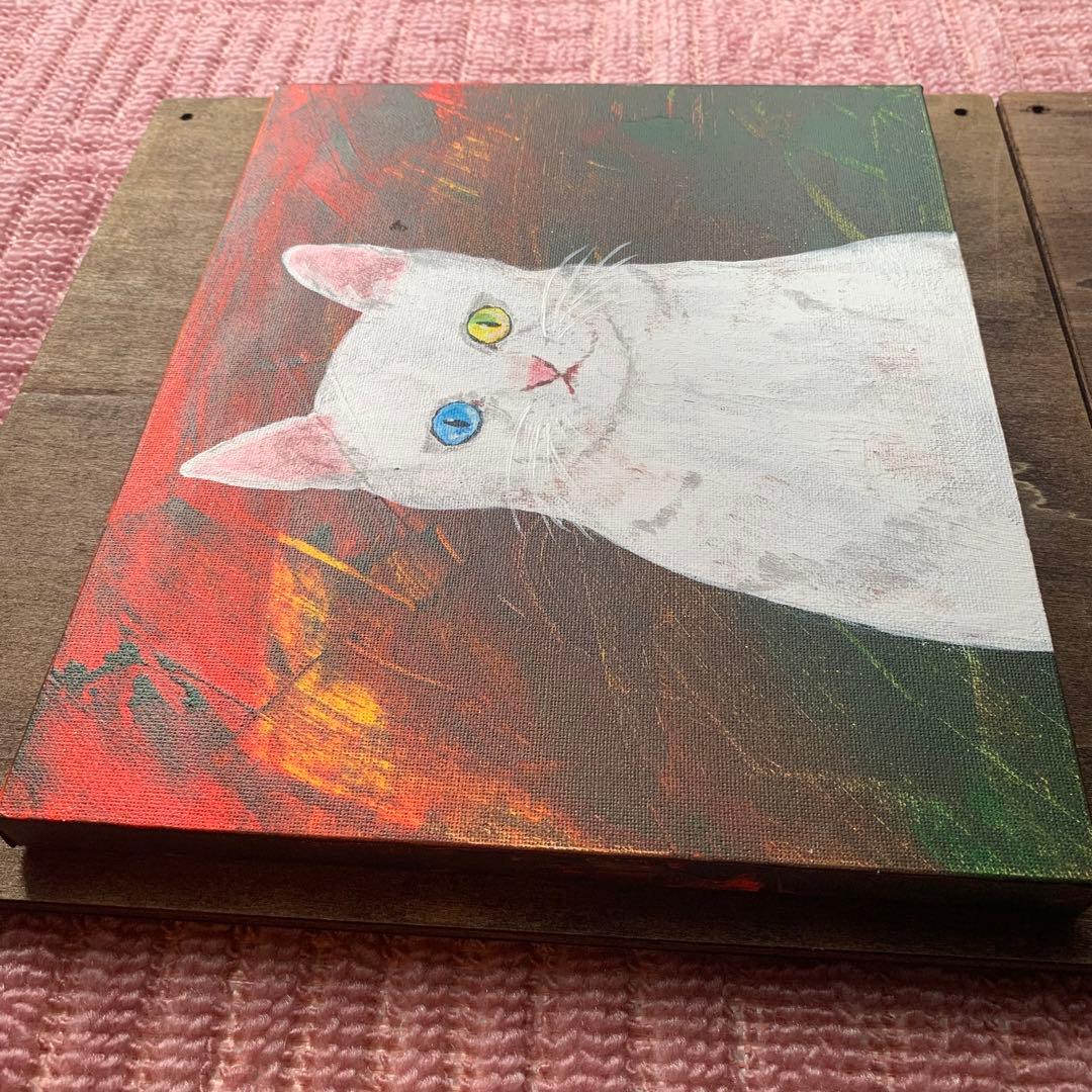 【アクリル画】幸せを運ぶ猫【絵画】白猫、オッドアイ