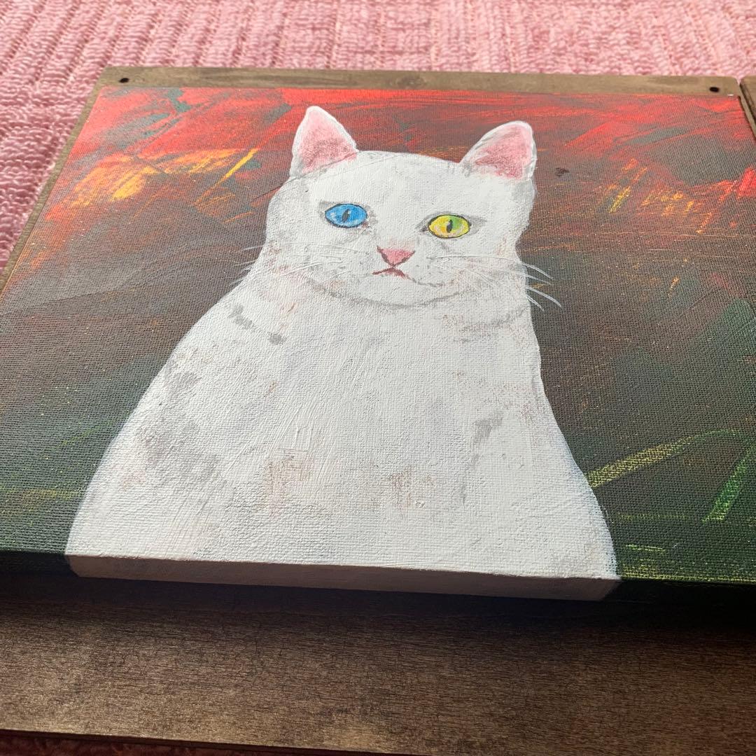 【アクリル画】幸せを運ぶ猫【絵画】白猫、オッドアイ