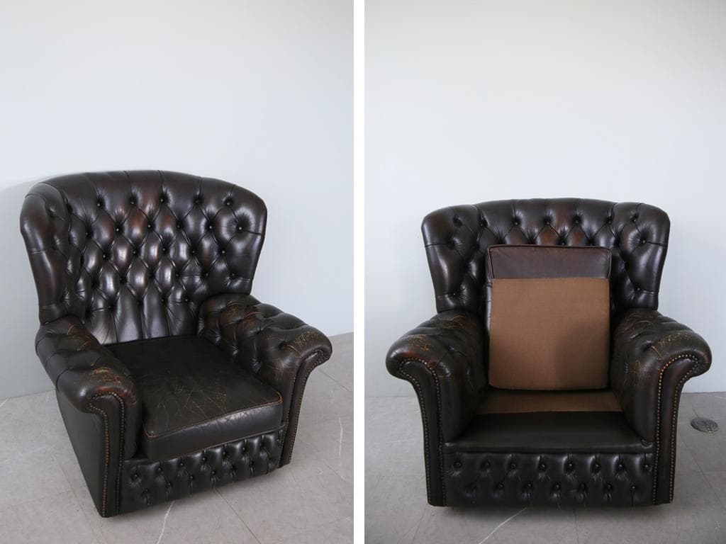 英国アンティークチェスターフィールドアームチェア/本革レザーソファー89-187