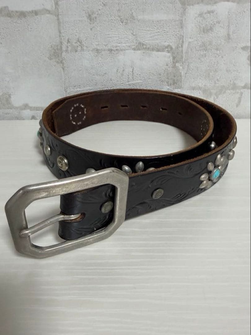 HTC レザー フラワー ターコイズ スタッズ ベルト 34 本革 ヴィンテージ