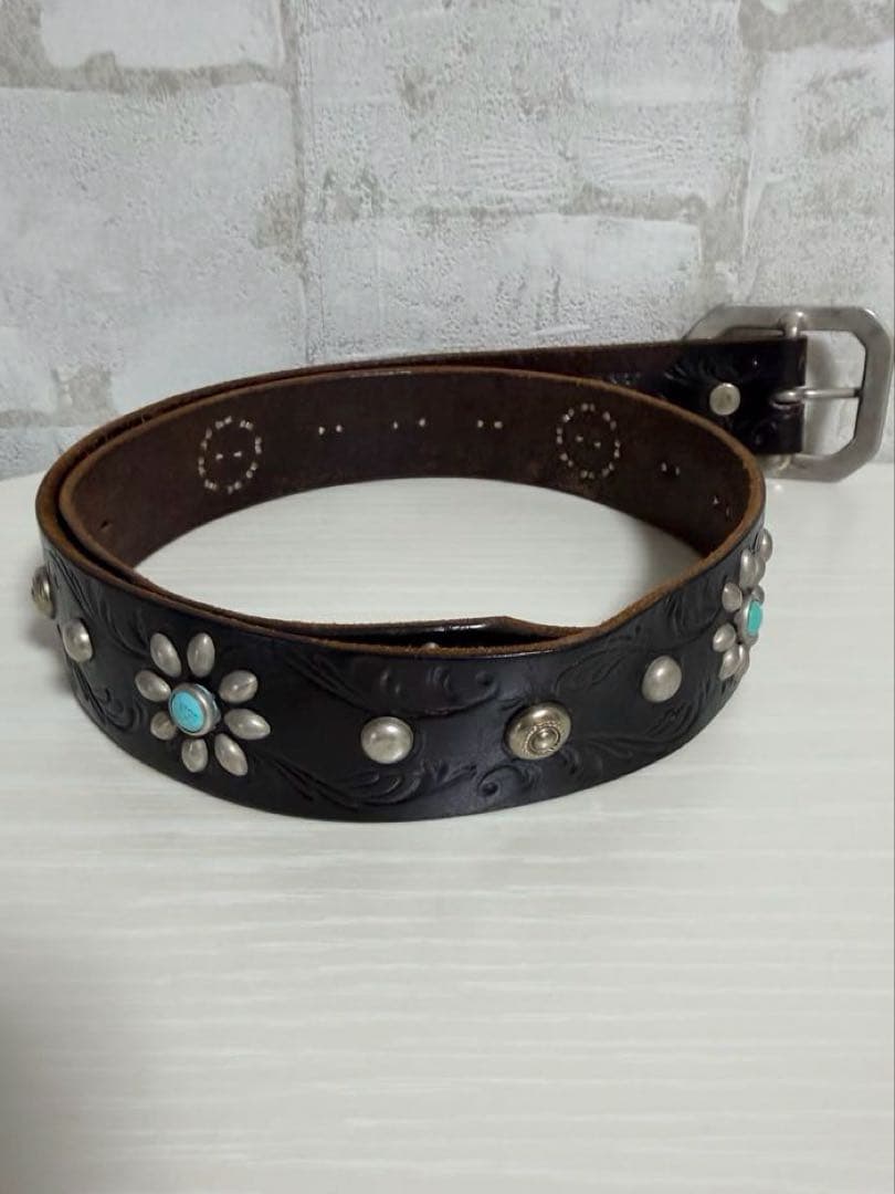 HTC レザー フラワー ターコイズ スタッズ ベルト 34 本革 ヴィンテージ