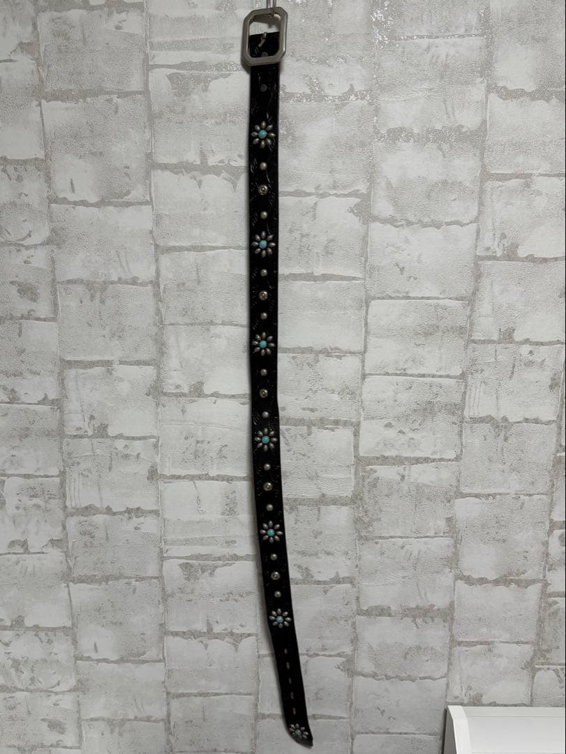 HTC レザー フラワー ターコイズ スタッズ ベルト 34 本革 ヴィンテージ