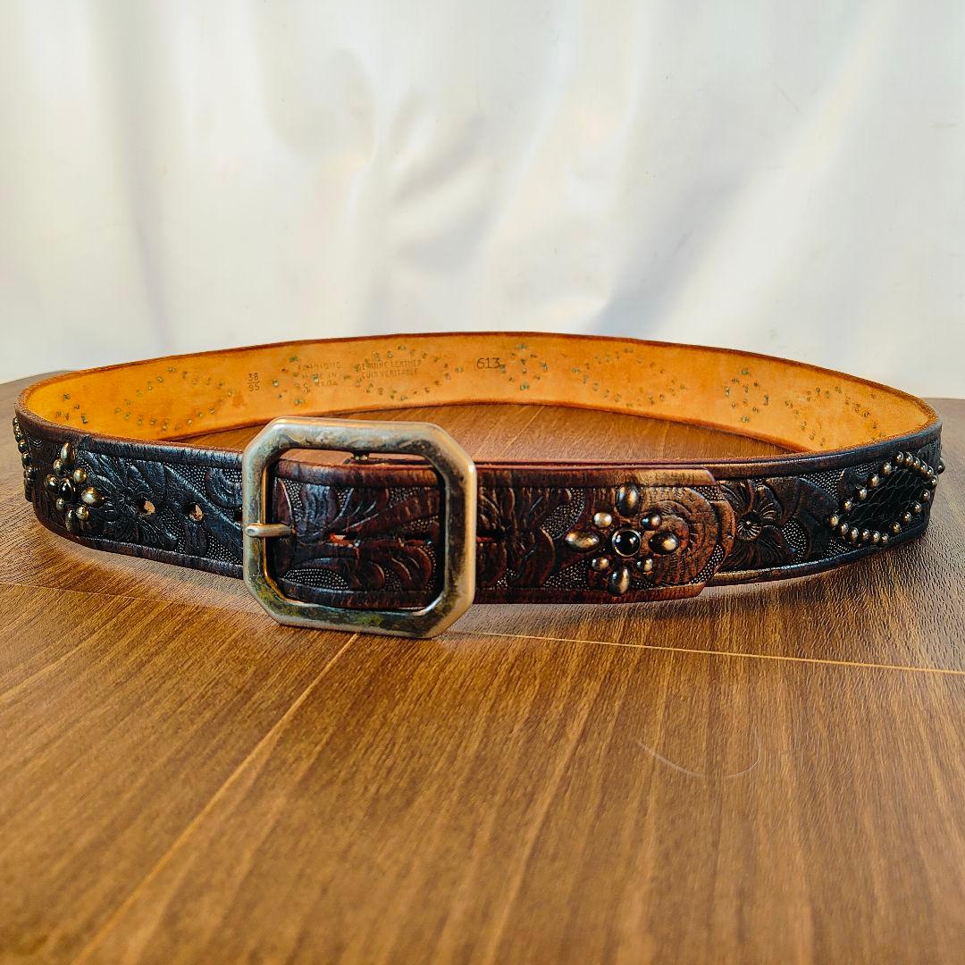 【茶芯極美品】【USA】OLD STUD　高級スタッズドレスベルト 黒艶牛革蛇革