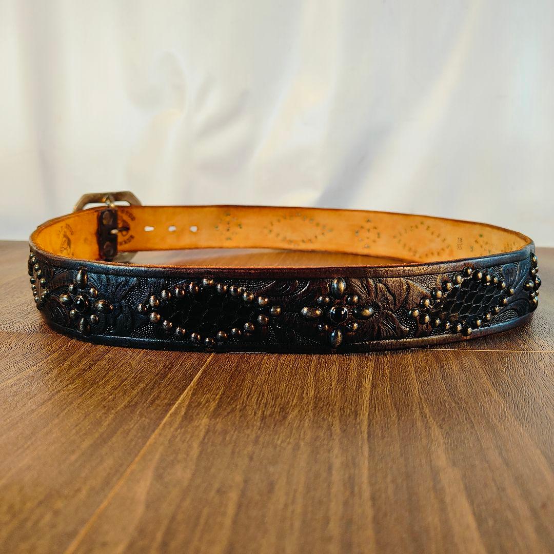 【茶芯極美品】【USA】OLD STUD　高級スタッズドレスベルト 黒艶牛革蛇革