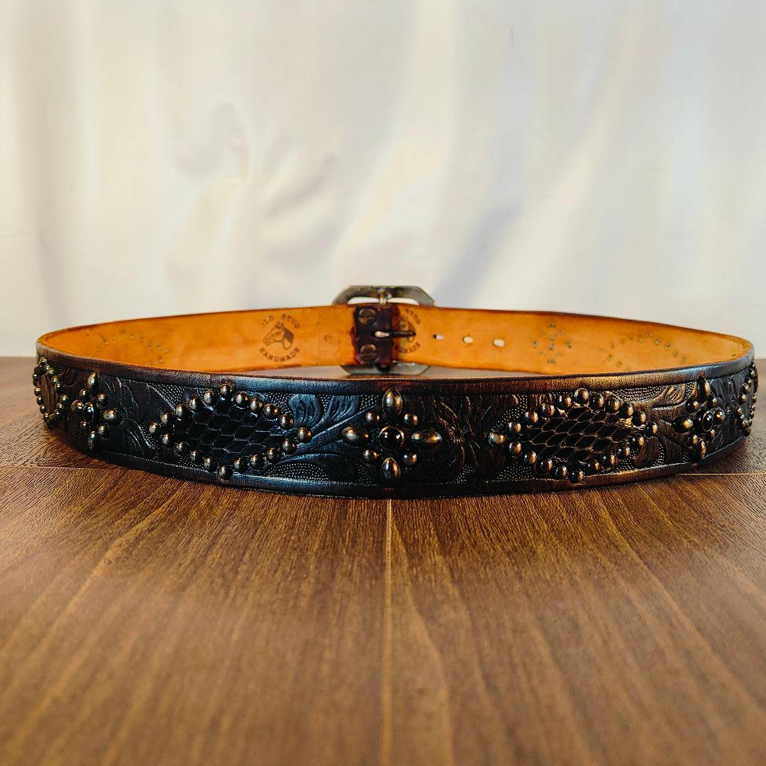 【茶芯極美品】【USA】OLD STUD　高級スタッズドレスベルト 黒艶牛革蛇革
