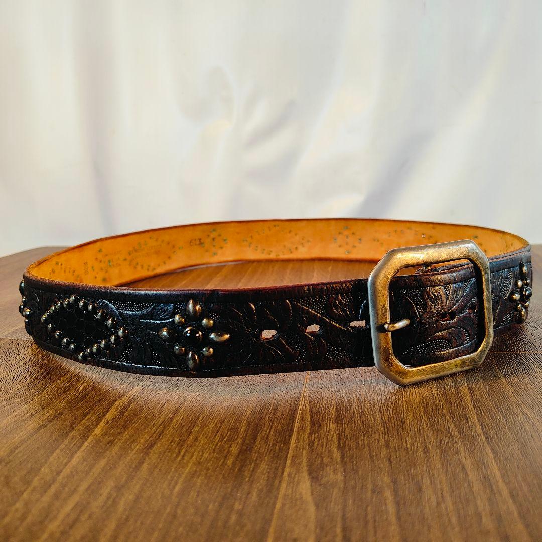 【茶芯極美品】【USA】OLD STUD　高級スタッズドレスベルト 黒艶牛革蛇革