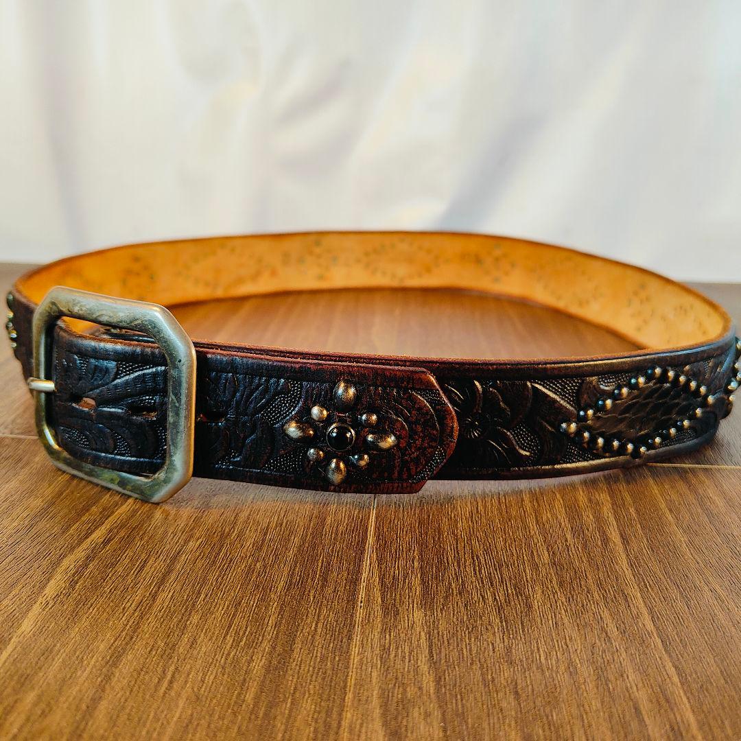 【茶芯極美品】【USA】OLD STUD　高級スタッズドレスベルト 黒艶牛革蛇革