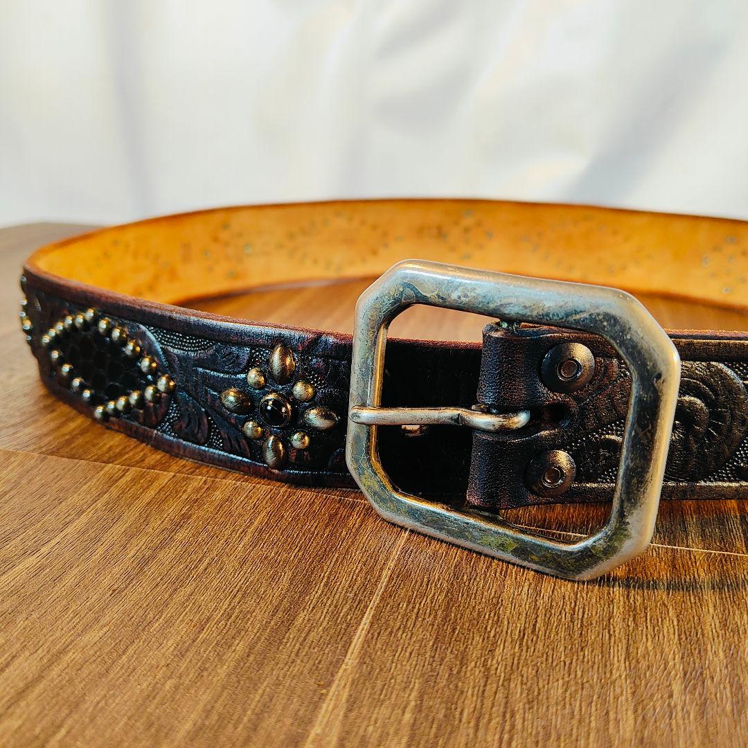 【茶芯極美品】【USA】OLD STUD　高級スタッズドレスベルト 黒艶牛革蛇革