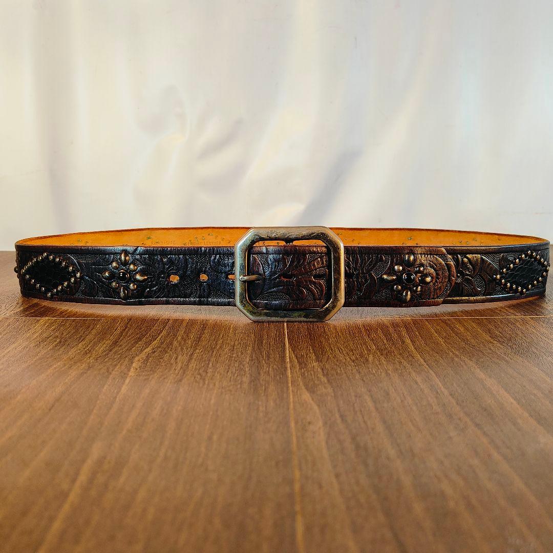 【茶芯極美品】【USA】OLD STUD　高級スタッズドレスベルト 黒艶牛革蛇革