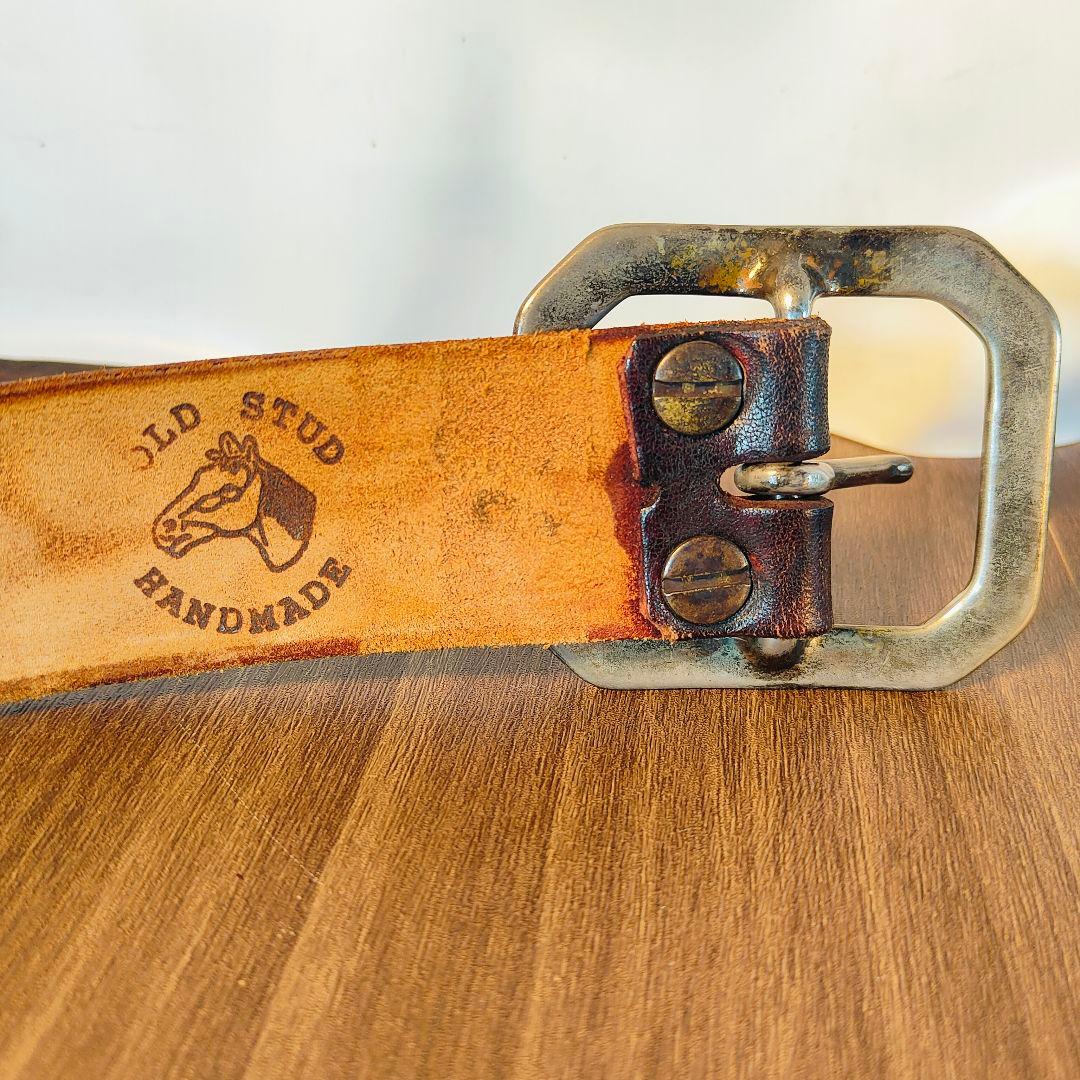 【茶芯極美品】【USA】OLD STUD　高級スタッズドレスベルト 黒艶牛革蛇革