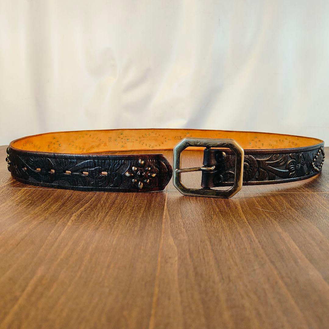 【茶芯極美品】【USA】OLD STUD　高級スタッズドレスベルト 黒艶牛革蛇革