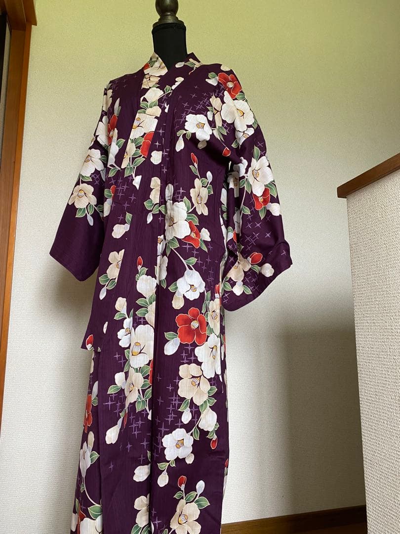 浴衣リメイク　紅白椿　ワンピース＋ガウチョパンツ