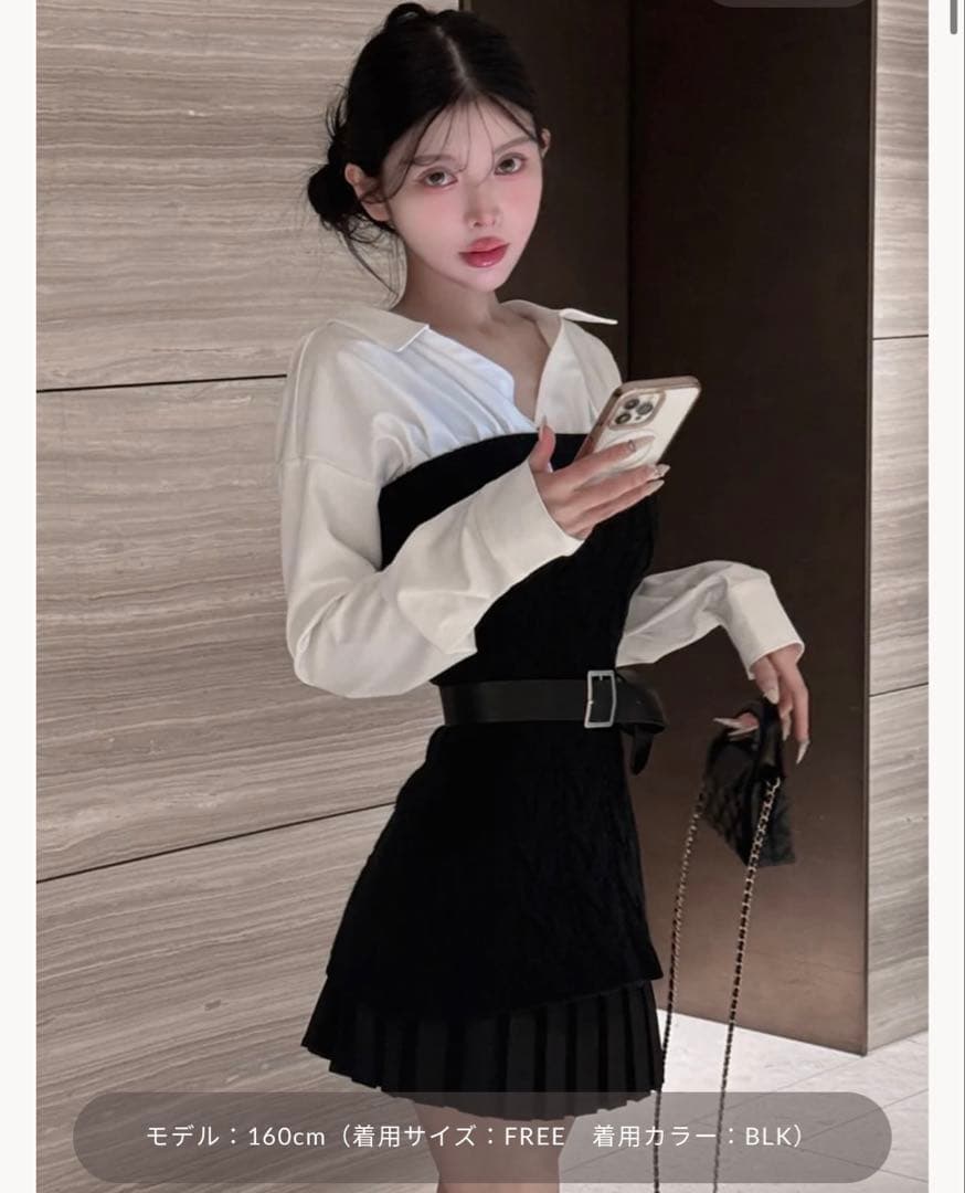 Darich ダーリッチ シャツドッキングプリーツニットミニワンピース BLK