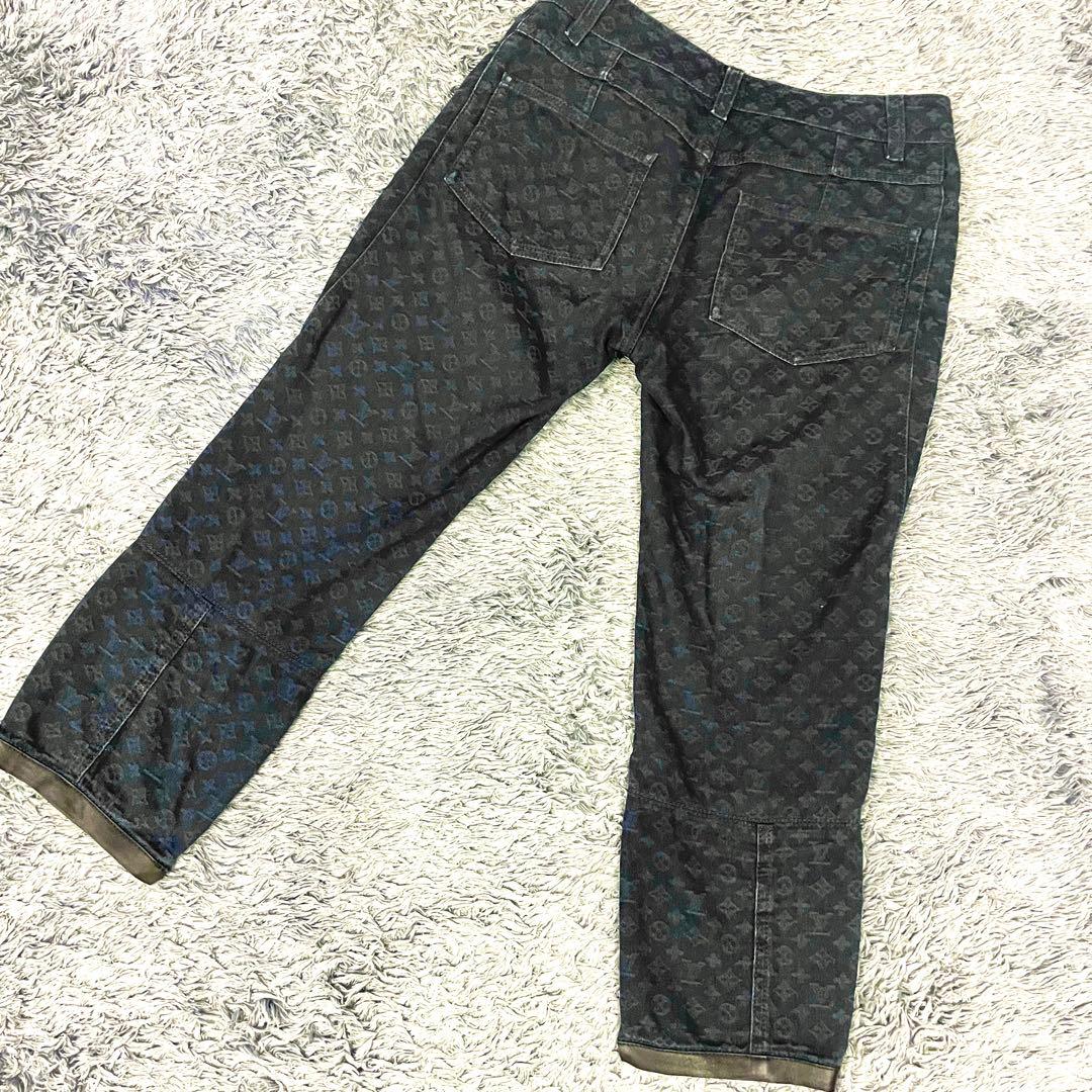 【美品】ルイヴィトン デニム パンツ モノグラム 金ボタン インディゴ 総柄