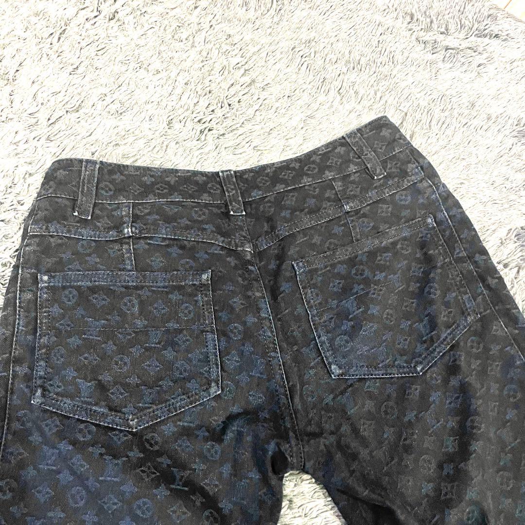 【美品】ルイヴィトン デニム パンツ モノグラム 金ボタン インディゴ 総柄