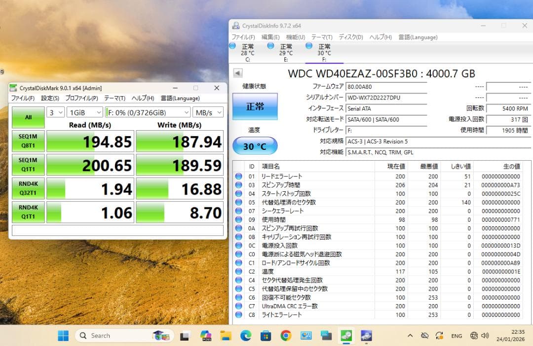 【動作確認済】WD Blue 4TB HDD 2台セット