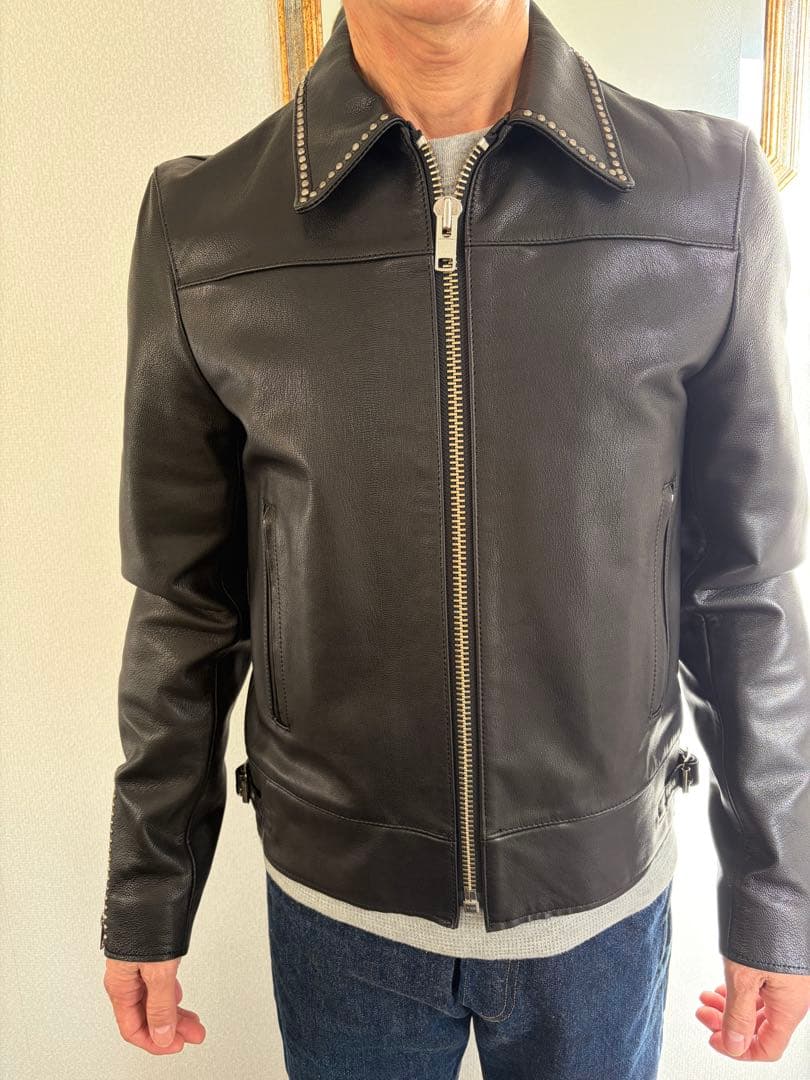 ラグスマックレガー　ブラックレザースタッズ付きシングルライダースジャケット