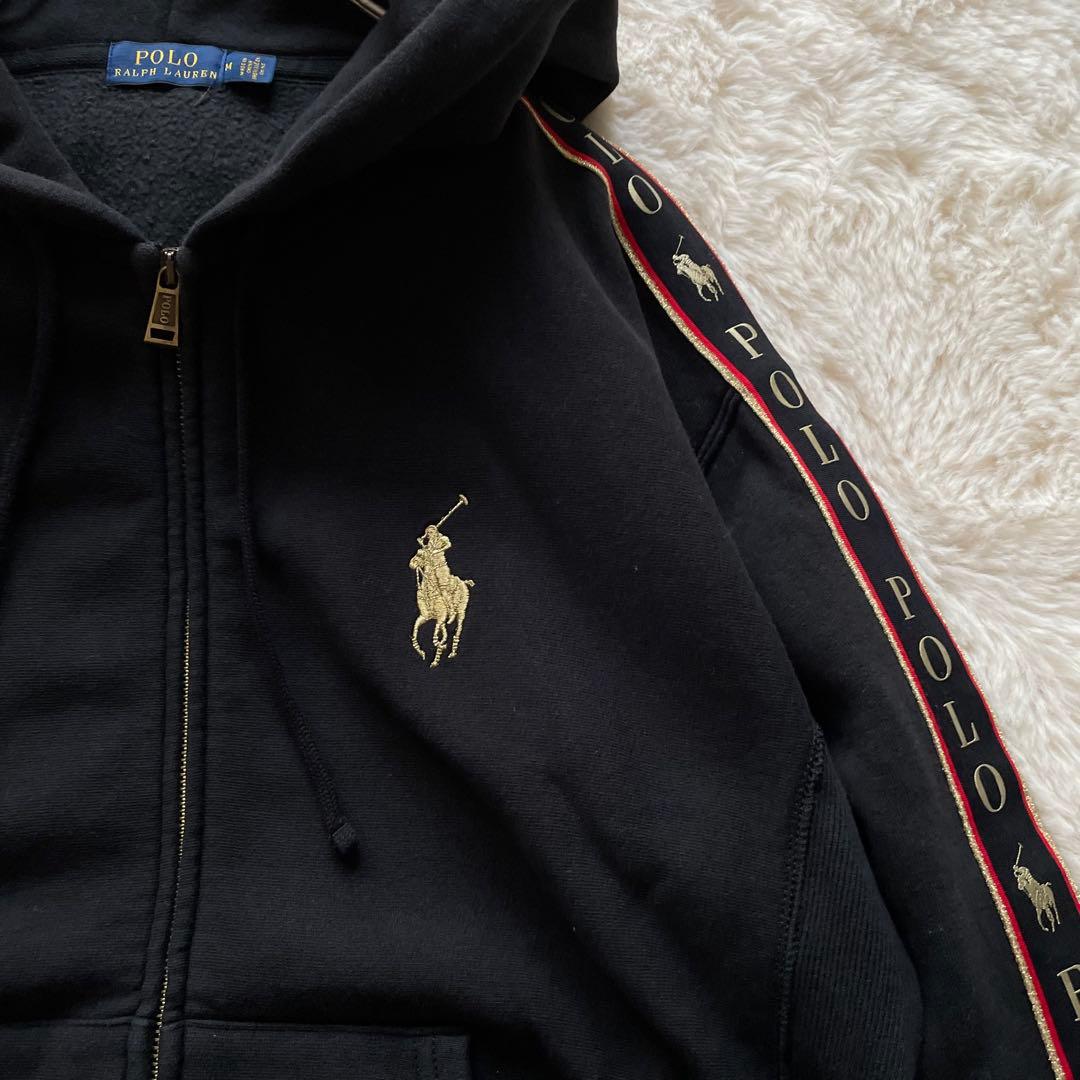 ポロラルフローレン　M ゴールドビッグポニー　ロゴライン フルジップパーカー　黒