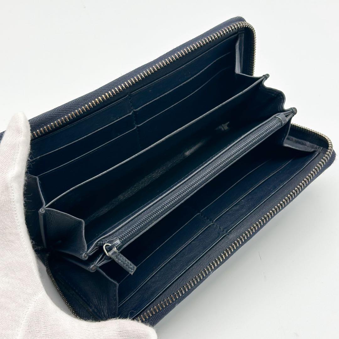 グッチ GG シマ ラウンドファスナー 長財布 レザー ネイビー