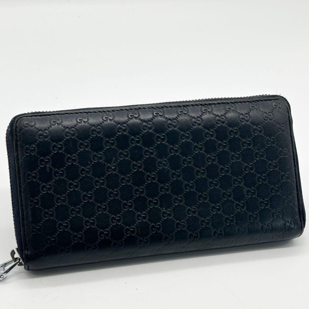 グッチ GG シマ ラウンドファスナー 長財布 レザー ネイビー