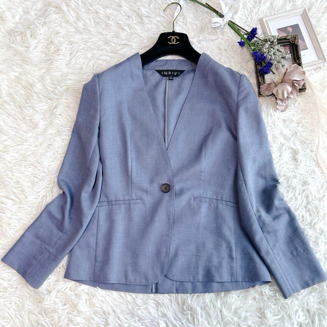 美品✨洗える☆インディヴィ　ノーカラー＆パンツセットアップ　38 M リネン